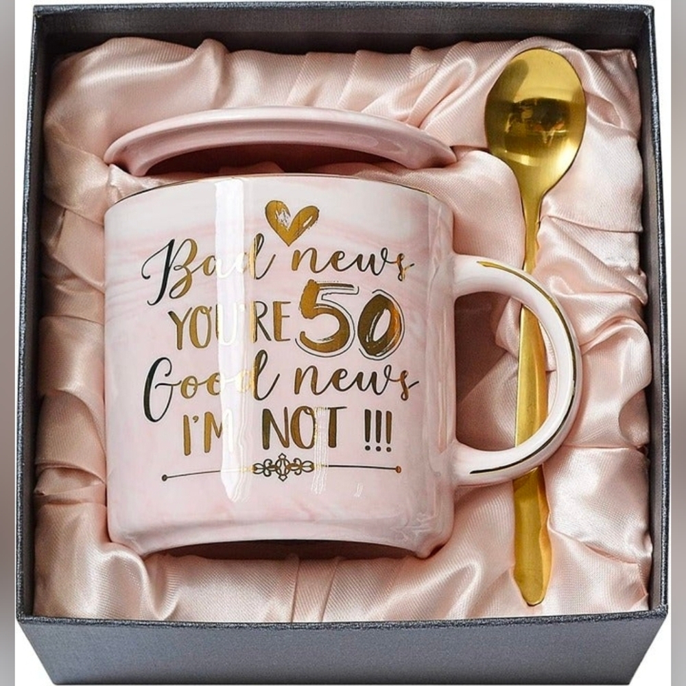 50th Birthday Gifts for Women - Coffee Mug with Humorous Gold Writing
